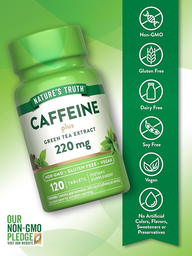 Nature's Truth Caffeine Pills | 220mg | 120 Count | With Green Tea Extract | Vegan, Non-GMO & Gluten Free Supplement