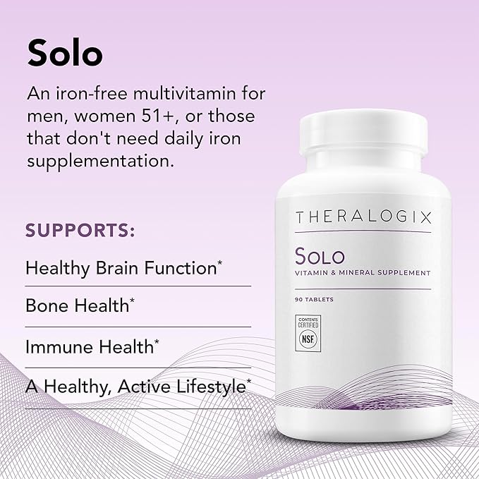 Theralogix Solo Multivitamin & Multimineral Supplement Without Iron - 90-Day Supply - Iron-Free Multivitamin - Support for Women & Men - Vitamin D3, Vitamin C & B Vitamins - NSF Certified - 90 Tablets