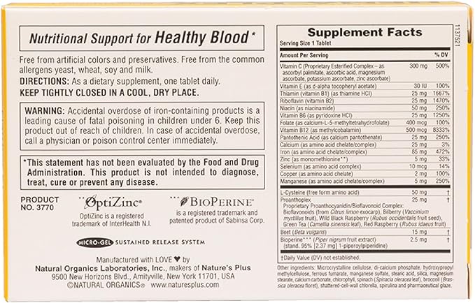 Natures Plus Hema-Plex Iron - 30 Slow-Release Tablets - 85 mg Chelated Iron - Total Blood Health - with Vitamin C & Bioflavonoids - Non GMO, Vegetarian & Gluten Free - 30 Servings