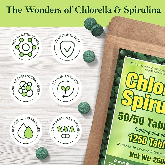 Good Natured Premium Spirulina and Chlorella Capsules 1,250 Tablets, Non-GMO, Vegan Organic Chlorella Tablets, Sunlight Grown, Cracked Cell Wall, High Protein, Heavy Metal Detox