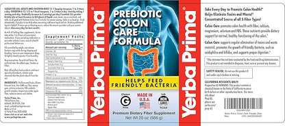 Yerba Prima Prebiotic Colon Care Formula, 20 oz Powder (Pack of 2) with FOS - Natural Psyllium Fiber, Magnesium, Selenium - Non-GMO, Gluten Free, Vegan Daily Supplement - for Men & Women
