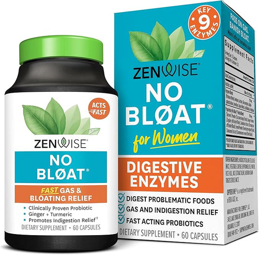 Zenwise Health NO Bloat Digestive Enzymes + Probiotics for Women and Men Digestive Health with Ginger, Dandelion, and Lactase for Gas and Bloating Relief - Vegan Water Retention Pills - 60 CT