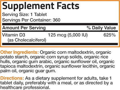 Bronson Vitamin D3 5,000 IU (1 Year Supply) for Immune Support, Healthy Muscle Function & Bone Health, High Potency Organic Non-GMO Vitamin D Supplement, 360 Tablets