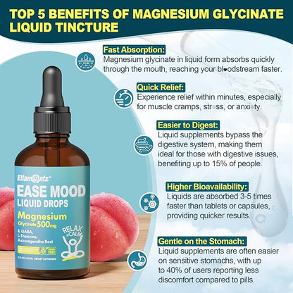 Magnesium Glycinate Liquid Drops for Kids, Adults with GABA, Ashwagandha, L-Theanine, Vitamin D3, B6, Saffron for Brain Calm, Muscle Relaxation, Mood, Zzz- Calm Magnesium Supplement, Vegan, 2 Pack