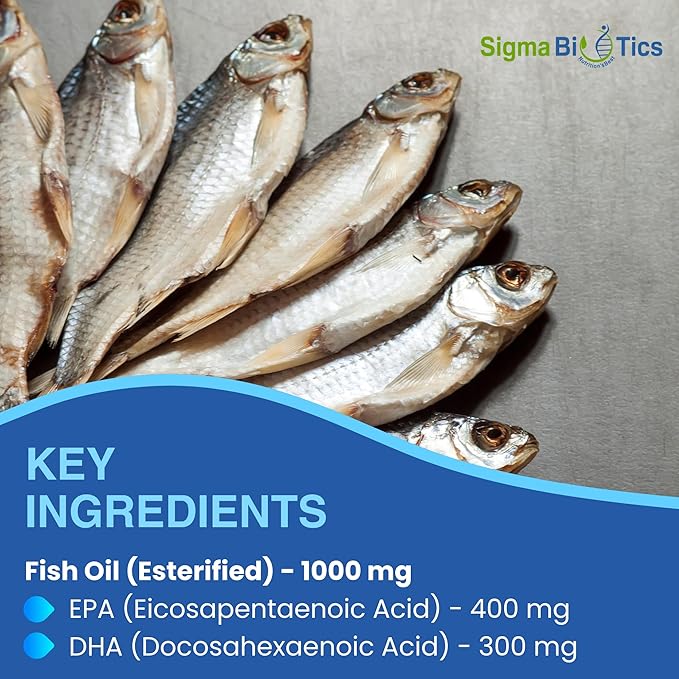Sigma Biotics Omega 3 Fish Oil 1000mg - Supplements with High EPA & DHA Concentration for Heart, Brain & Joint Health - Non-GMO, Purity-Tested Fish Oil Supplements - 60 Softgels
