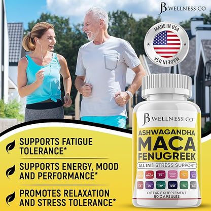 Ashwagandha Maca Root Fenugreek Supplement with Tongkat Ali Ginseng - Assists with Mood & Thyroid Health - Made in USA - 120 Count
