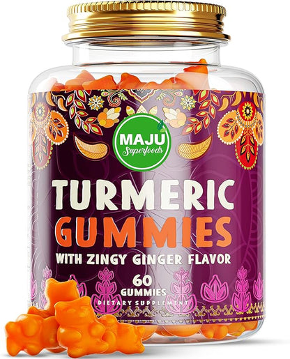 Maju Superfoods Turmeric Curcumin Gummies 60ct, Zingy Ginger Taste, Black Pepper Extract for Enhanced Absorption and Potency, Turmeric Gummies for Adults and Kids