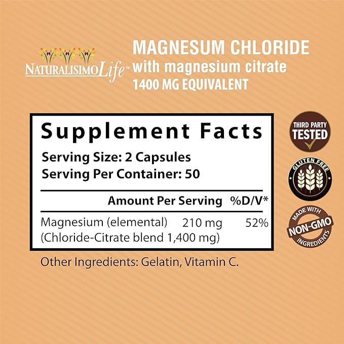 Magnesium Chloride (Cloruro de Magnesio) 1,400 per Serving 100 Capsules high Absorption with Magnesium Citrate