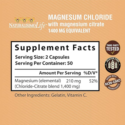 Magnesium Chloride (Cloruro de Magnesio) 1,400 per Serving 100 Capsules high Absorption with Magnesium Citrate