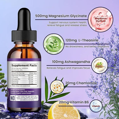 Magnesium Glycinate Supplement, Magnesium Liquid Drops with Magnesium Glycinate 500mg Vitamin B6, Ashwagandha, L - Theanine, Chamomile -Support Stress Relief, Bone, Muscle, Mood Vegan
