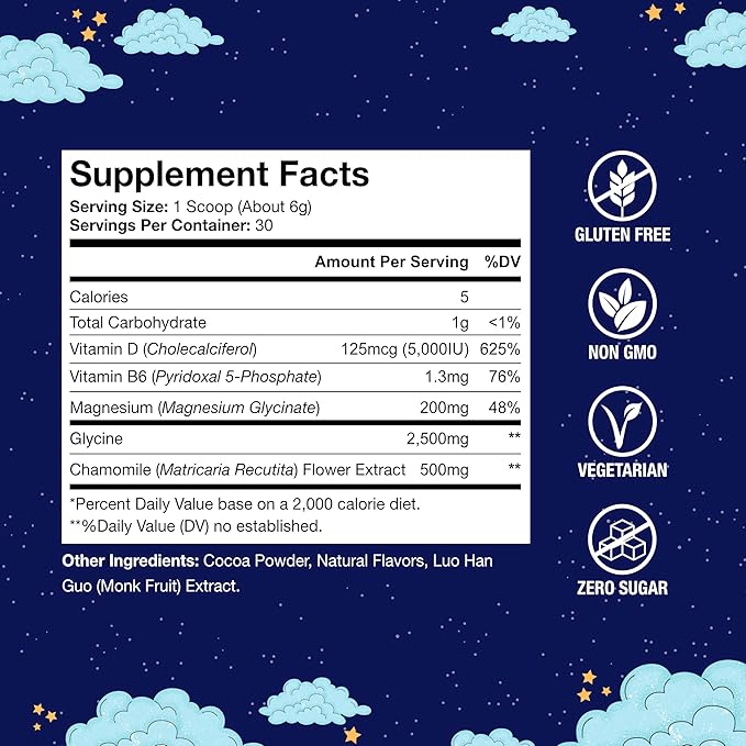 Natural Pre-Sleep Aid for Adults | Cocoa | Chamomile | Magnesium Glycinate 200mg | Vitamin B6 | Vitamin D | Gluten-Free | Zero Sugar | Non-Habit Forming | Sleep Support | 30-day Supply