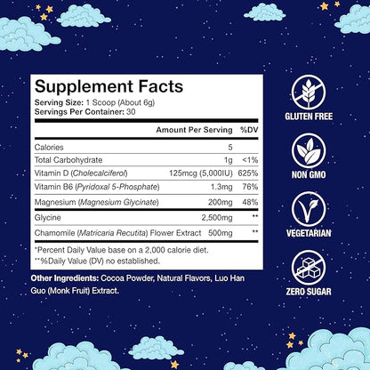 Natural Pre-Sleep Aid for Adults | Cocoa | Chamomile | Magnesium Glycinate 200mg | Vitamin B6 | Vitamin D | Gluten-Free | Zero Sugar | Non-Habit Forming | Sleep Support | 30-day Supply