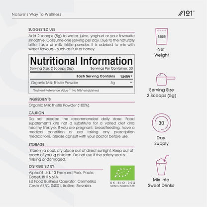 Organic Milk Thistle Powder 150g - Source of Cleansing Silymarin - Made from Cold-Pressed Milk Thistle - Vegan, Raw, Non-GMO.