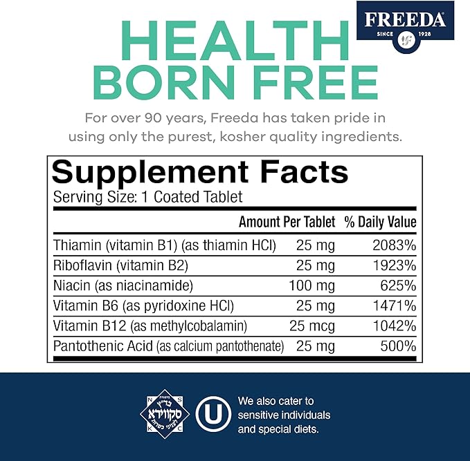 Freeda Vitamin B Complex No Folic No PABA - Super B Complex Kosher Vitamin Supplement with Vitamin B1 Vitamin B2 Vitamin B3 Vitamin B5 Vitamin B6 Vitamin B12 - Vit B Complex B for Women & Men (250 Ct)