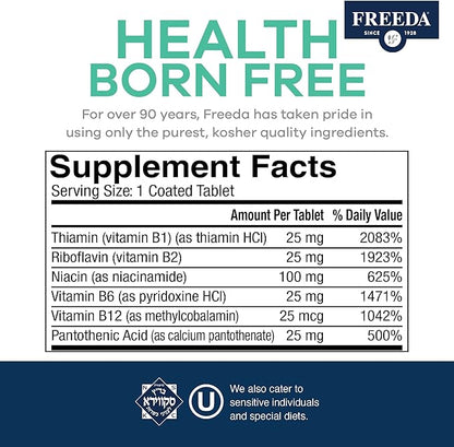 Freeda Vitamin B Complex No Folic No PABA - Super B Complex Kosher Vitamin Supplement with Vitamin B1 Vitamin B2 Vitamin B3 Vitamin B5 Vitamin B6 Vitamin B12 - Vit B Complex B for Women & Men (250 Ct)