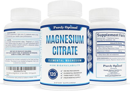 Purely Optimal Magnesium Citrate 500mg - Citrato de Magnesio, Supplement for Sleep, Heart, Nerves, Muscles - Gluten-Free, Non-GMO, 120 Capsules