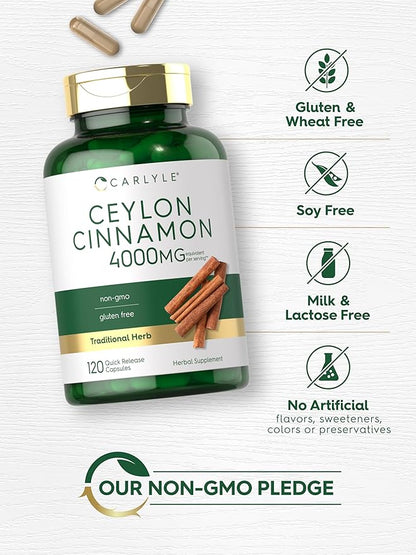 Carlyle Ceylon Cinnamon Capsules 4000 mg | 120 Count | Non-GMO & Gluten Free Supplement