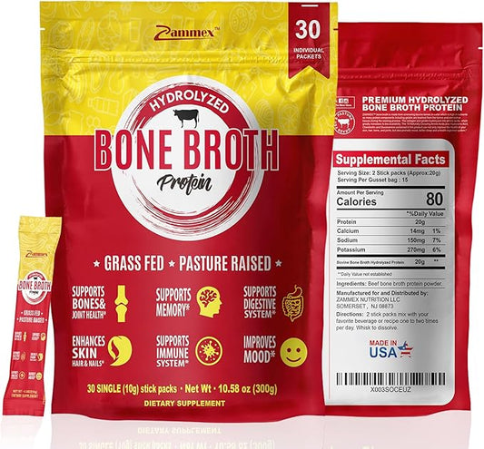 Zammex Bone Broth Packets-20g Collagen Protein-Beef Bone Broth Powder to Go-30 Travel Stick Packets-Supports Skin Nails Joints, Gut Health | Gluten-Free |Keto & Paleo Friendly (15 Servings)
