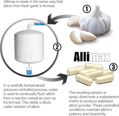 Allimax Pro 450mg 100 Vegicaps. Allicin Garlic Supplement to Support Your Body’s Immune Function. With Stabilized Allicin Extracted from Clean & Sustainable Spanish Grown Garlic. Professional Strength