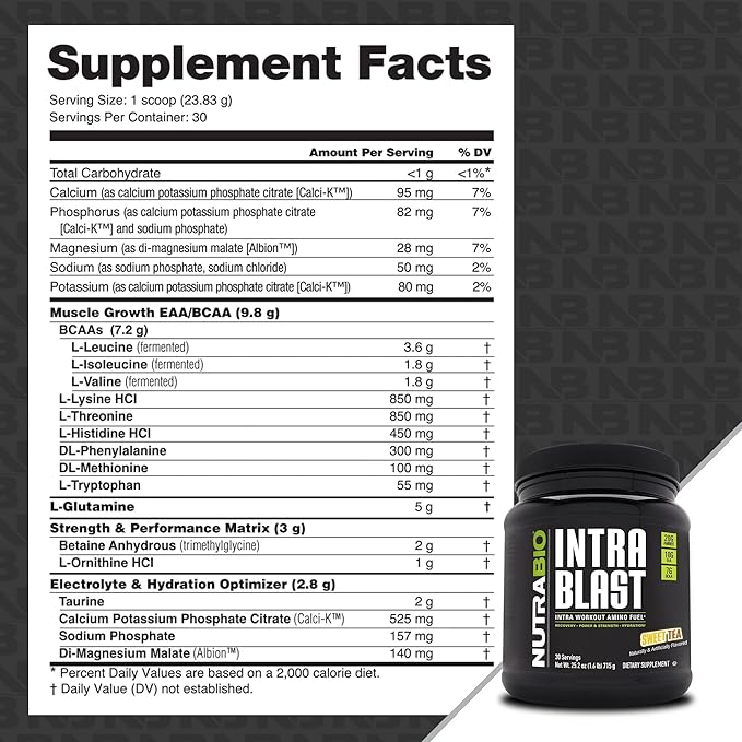 NutraBio Intra Blast Bcaa Powder Amino Acid Supplement, Electrolyte & Hydration Blend, Intra, Pre Workout & Muscle Recovery, 20g Eaa Amino Acids Powder, 5g Glutamine- Sweet Tea, 30 Serving