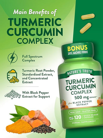Nature's Truth Turmeric Curcumin 500mg | 120 Capsules | with Black Pepper Extract | Non-GMO and Gluten Free Supplement