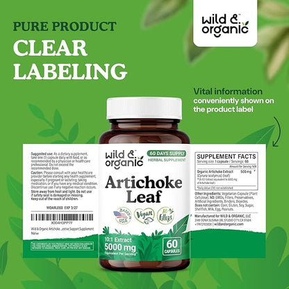 Wild & Organic Artichoke Extract Capsules 500 mg - Liver & Digestive Support - Artichoke Leaf Extract Supplement - Cynara Scolymus Leaf Powder - Vegan, No Fillers, Non-GMO - 60 Count