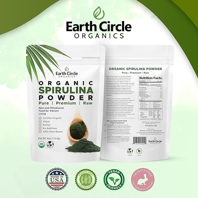Earth Circle Organics Spirulina Powder, Kosher, Raw and Non-Irradiated | Pure Vegan Protein | Premium Superfood, High in Amino Acids and Antioxidants - 4 Ounce (3 Packs)