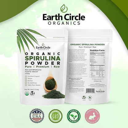 Earth Circle Organics Spirulina Powder, Kosher, Raw and Non-Irradiated | Pure Vegan Protein | Premium Superfood, High in Amino Acids and Antioxidants - 4 Ounce (3 Packs)