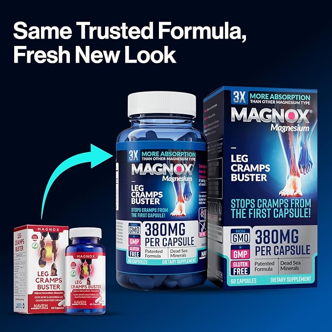 MAGNOX® Leg Cramps Buster | Magnesium Supplement for Muscle Cramps & Spasms | 380mg Magnesium for Leg Cramps at Night | 3X More Absorption | Dead Sea Minerals | Magnesium for Sleep&Muscle | 60 Caps