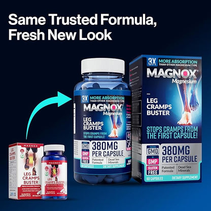 MAGNOX® Leg Cramps Buster | Magnesium Supplement for Muscle Cramps & Spasms | 380mg Magnesium for Leg Cramps at Night | 3X More Absorption | Dead Sea Minerals | Magnesium for Sleep&Muscle | 60 Caps