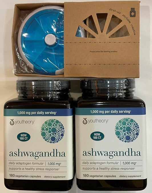 Youtheory Ashwagandha 1000mg with KSM-66 - Helps Support a Healthy Stress Response,180 Capsules (Pack of 2) and Pill Orgnizer Bundles