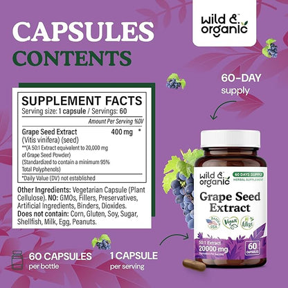 Wild & Organic Grape Seed Extract Capsules - 20,000 mg Strength Grapeseed Extract Equivalent - 95% Polyphenols - 400 mg per Serving - 2 Month Supply - 60 Vegan Capsules - Non-GMO