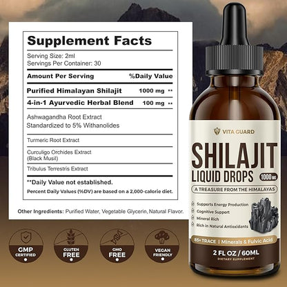Himalayan Shilajit Liquid Drops – 1000mg Energy & Immunity Support with 85+ Trace Minerals & Fulvic Acid – Strength, Vitality Supplement for Men & Women – 30-Day Supply
