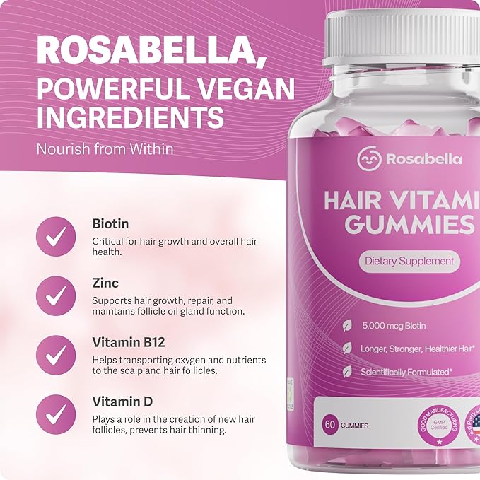 Rosabella Hair Growth Gummies for Women & Men – Vegan Hair Gummies with 5000mcg Biotin – Hair Vitamins for Strong, Healthy-Looking Hair – Gummy Biotin Supplement – 60 Count