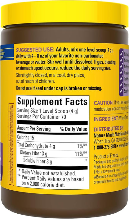 Nature Made Prebiotic Fiber Powder, Taste Free & Sugar Free Plant Based Vegetarian Prebiotic Fiber Drink Mix for Digestive System Support, 9.87 oz, 70 Day Supply