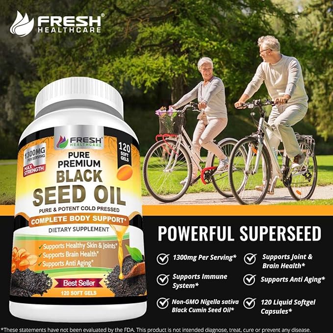 FRESH HEALTHCARE Black Seed Oil Capsules Cold Pressed 1300mg - 100% Pure Non-GMO Nigella Sativa - Immune & Joint Support - Premium Softgel Supplement