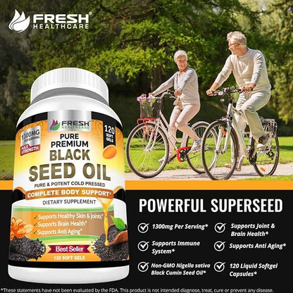 FRESH HEALTHCARE Black Seed Oil Capsules Cold Pressed 1300mg - 100% Pure Non-GMO Nigella Sativa - Immune & Joint Support - Premium Softgel Supplement