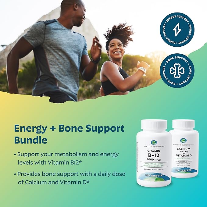 Earth's Splendor Energy + Bone Support Energy Bundle: Vitamin B12 & Calcium+Vitamin D Bundle. Gluten Free, No Artificial Flavors or Colors, Helps Energy Metabolism & Bone Health