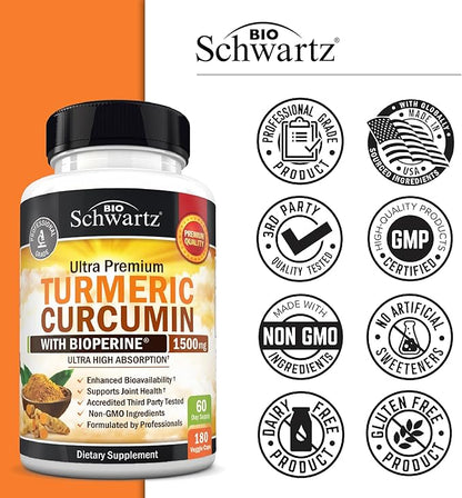 Turmeric Curcumin with Black Pepper Extract 1500mg - High Absorption Ultra Potent Turmeric Supplement with 95% Curcuminoids and BioPerine - Non GMO Tumeric Capsules for Joint Support - 180 Capsules