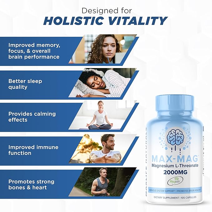 Max-Mag Magnesium L-Threonate Capsules - Magtein Magnesium L-Threonate 2000mg with Vitamin D3 and K2 for Brain, Sleep, & Mood – 105 Easy-to-Swallow Capsules