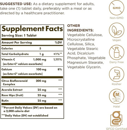 SOLGAR Ester-C Plus 1000 mg Vitamin C (Ascorbate Complex) - 180 Tablets, Pack of 2 - Gentle & Non Acidic - Supports Upper Respiratory Health - Non-GMO, Gluten Free - 360 Total Servings