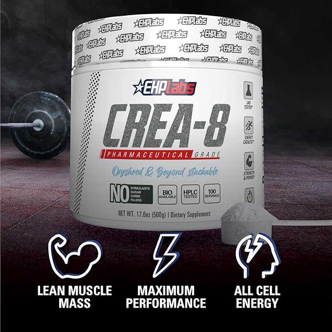 EHP Labs CREA-8 Creatine Monohydrate Powder - Unflavored Creatine Powder for Muscle Growth, Increased Strength, Enhanced Energy Output and Improved Performance - 100 Servings (500g)