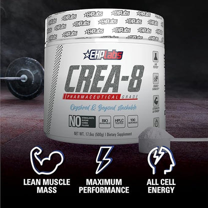 EHP Labs CREA-8 Creatine Monohydrate Powder - Unflavored Creatine Powder for Muscle Growth, Increased Strength, Enhanced Energy Output and Improved Performance - 100 Servings (500g)