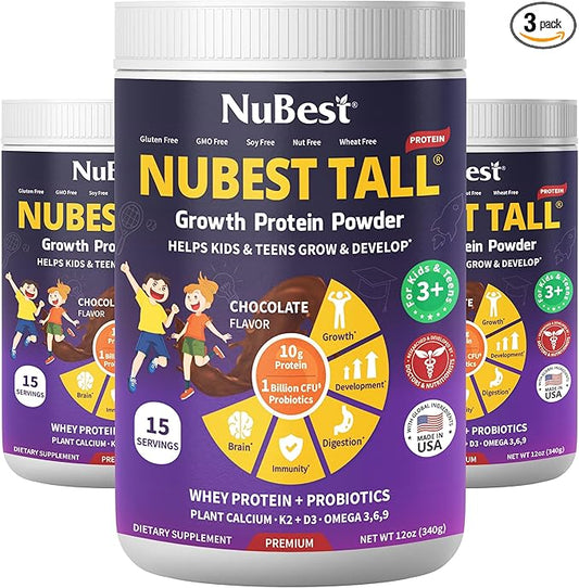 NuBest Tall Protein Powder for Kids & Teens - Chocolate Protein Powder Shake - Protein Drink with Probiotics, Omega 3-6-9, Vitamin D3 + K2, Calcium, Vitamins - Bone Strength and Immunity - Pack 3
