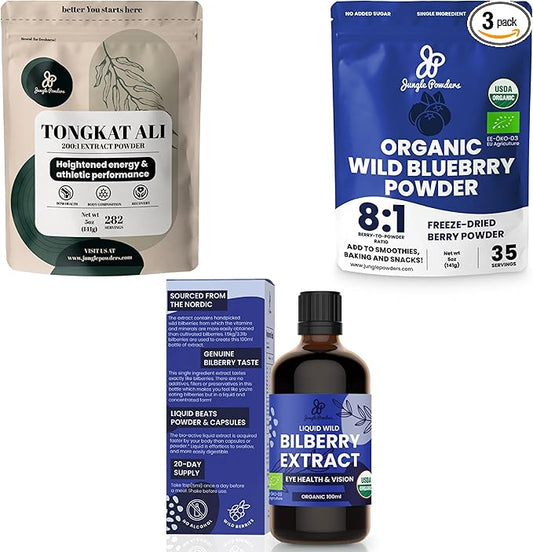 Ultimate Men's Health & Wellness Bundle: 5oz Tongkat Ali Powder, 5oz Wild Blueberry Powder & 3.4oz Organic Bilberry Liquid Extract - Premium Supplements for Drive, Passion, Eyesight