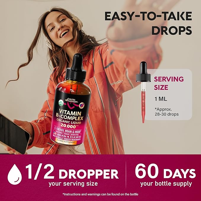 USDA Organic Vitamin B-Complex B5 Pantothenic Acid | B12 Methylcobalamin | B1 Thiamine | B6 Pyridoxine | B7 Biotin | B9 Folic | B3 Niacinamide - B Complex Liquid Drops, Made in USA Supplement, 2fl oz