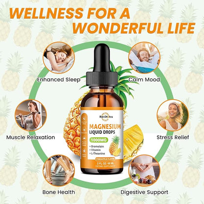 2 Pack Magnesium Glycinate Liquid Drops, 1000mg of Magnesium Glycinate, Citrate & Threonate for Sleep, Nerve, Energy, Muscle, Bone, Calm & Digestion, High Absorption, 2 Fl Oz, Pineapple Flavor