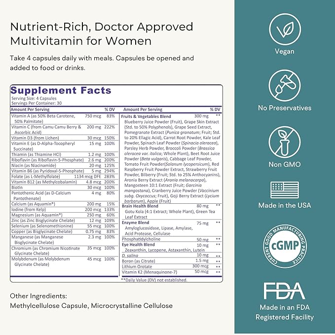 Multivitamin for Women (120 Vegetarian Capsules) Whole Food Vitamin with Essential Nutrients, Natural Calcium, Magnesium, Selenium, Zinc, Biotin, Vitamin A, B6, C, D3, E, K and More