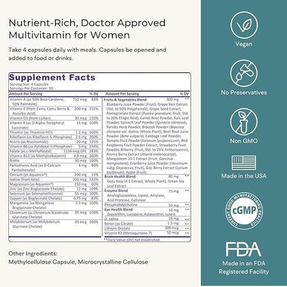 Multivitamin for Women (120 Vegetarian Capsules) Whole Food Vitamin with Essential Nutrients, Natural Calcium, Magnesium, Selenium, Zinc, Biotin, Vitamin A, B6, C, D3, E, K and More