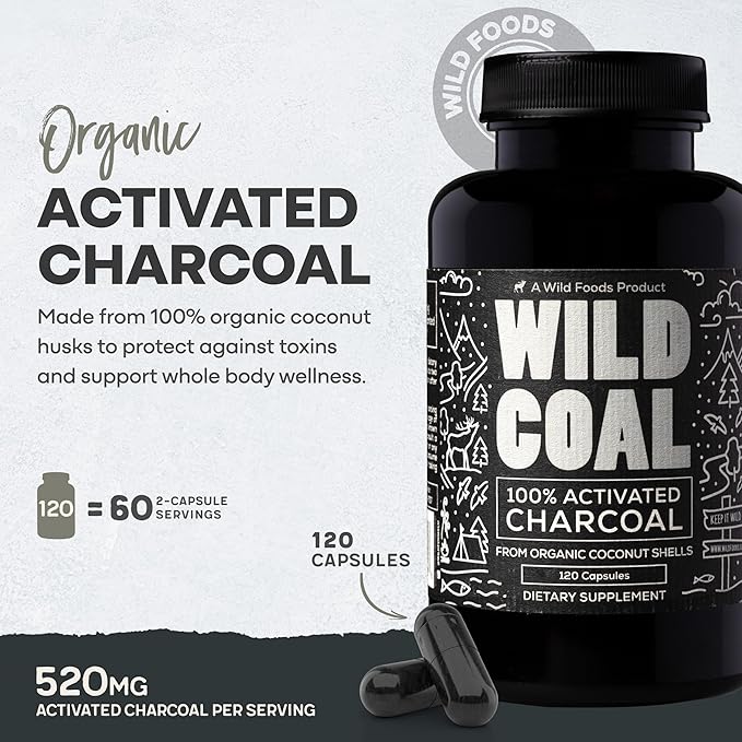 Wild Foods Activated Charcoal Capsules | 100% Organic Coconut Shells Active Tablets for Bloating Relief | Lab Tested & Non-GMO Detox Pills | USA (Two Bottles - 120 Capsules)